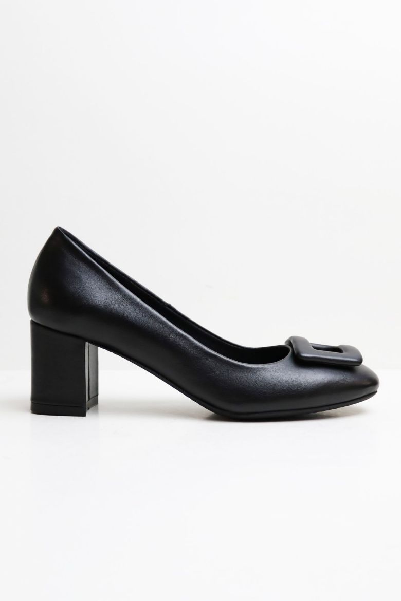 Hakiki Deri Toka Detaylı Küt Burun Topuklu  Ayakkabı  SİYAH resmi