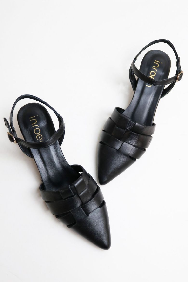 Kemer Detaylı Sivri Burun Hakiki Deri Kısa Topuklu Ayakkabı  SİYAH resmi