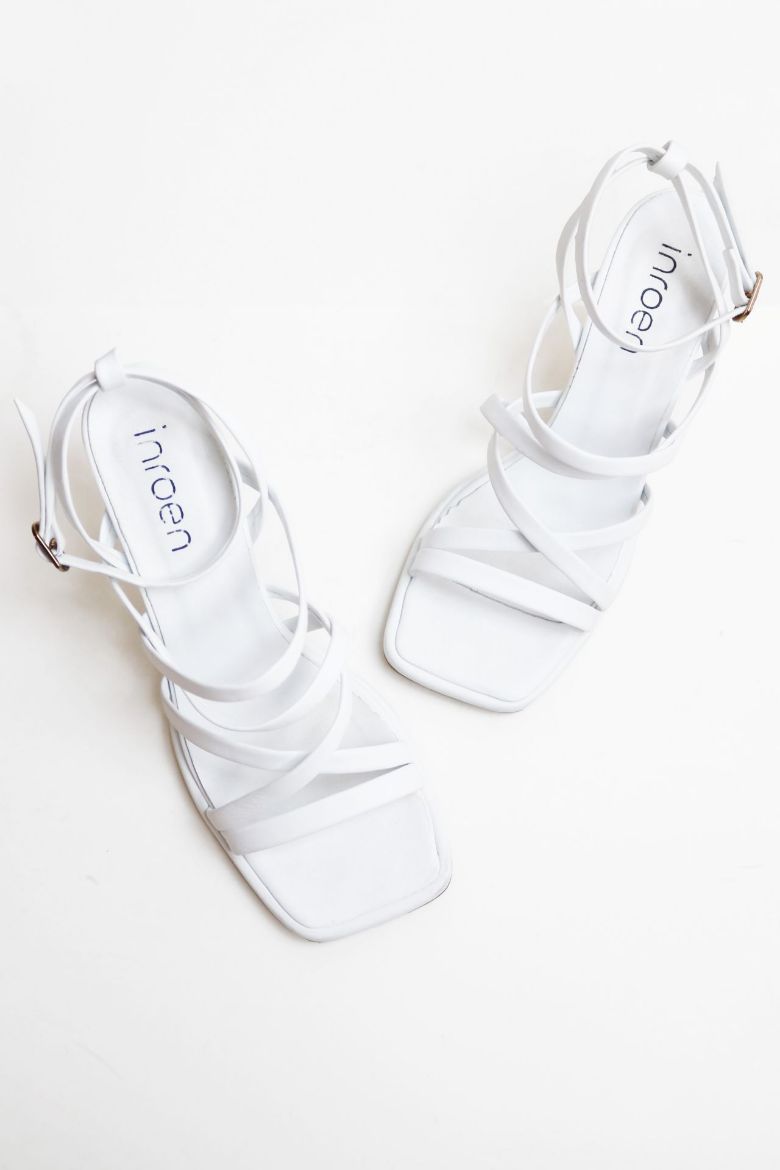 Çarpraz Bantlı Hakiki Deri Bilekten Bağlamalı Kadeh Topuk Topuklu Ayakkabı  BEYAZ resmi