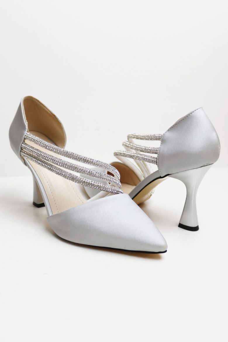 Çapraz Taş Geçişli Sivri Burun Kadeh Topuk Stiletto  GRİ resmi