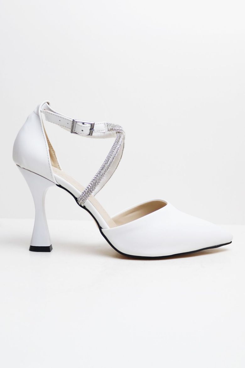 Bilekten Bağlı Sivri Burun Taşlı Kadeh Topuk Stiletto  BEYAZ resmi