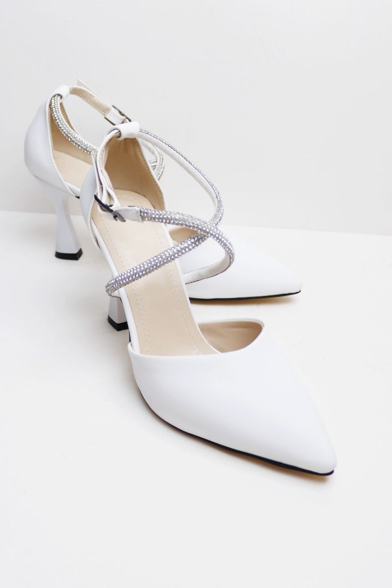 Bilekten Bağlı Sivri Burun Taşlı Kadeh Topuk Stiletto  BEYAZ resmi