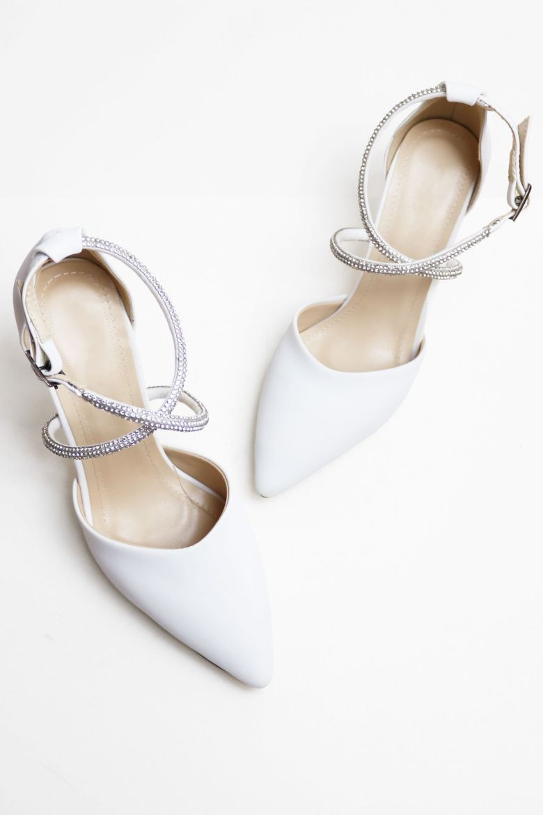 Bilekten Bağlı Sivri Burun Taşlı Kadeh Topuk Stiletto  BEYAZ resmi