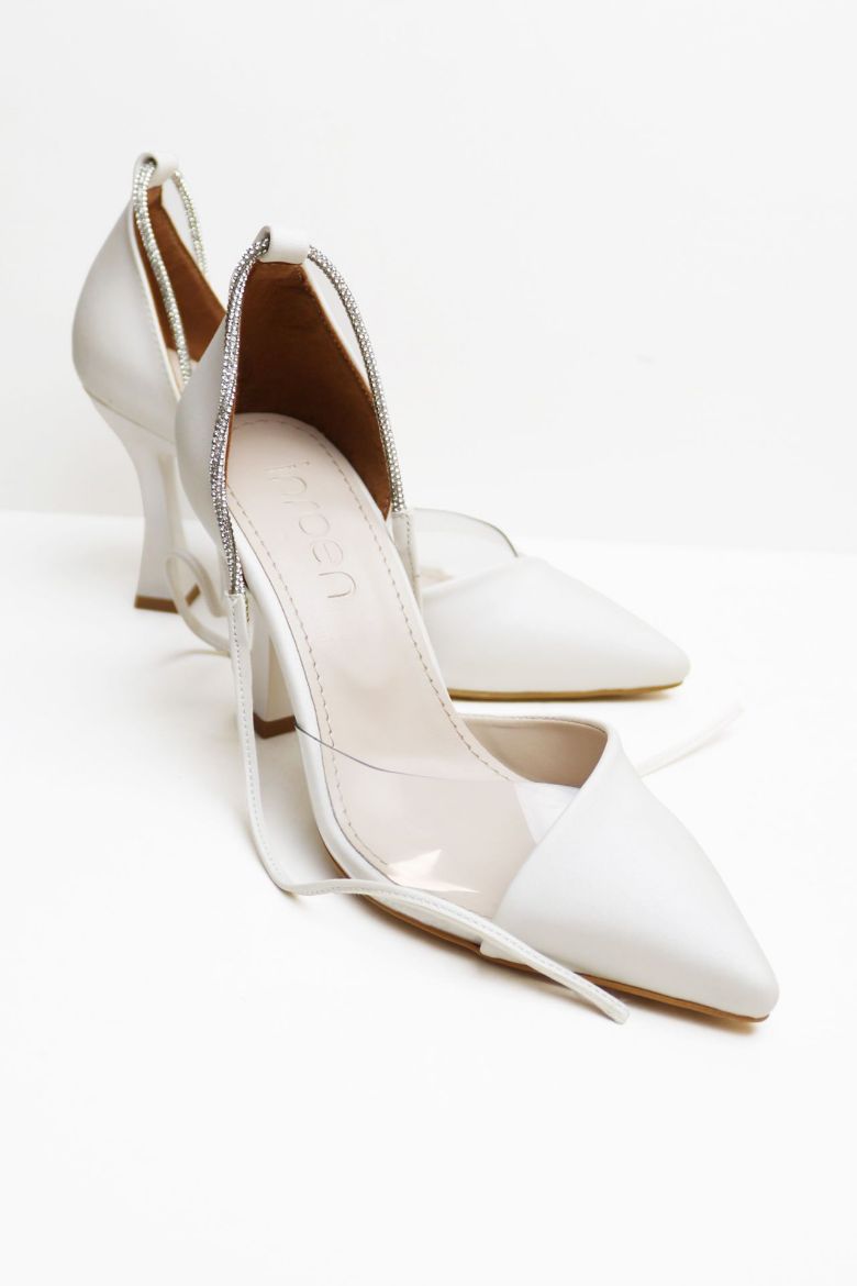 Bilekten Bağlı Taşlı Yan Şeffaf Detaylı Kadeh Topuk Stiletto  BEYAZ resmi