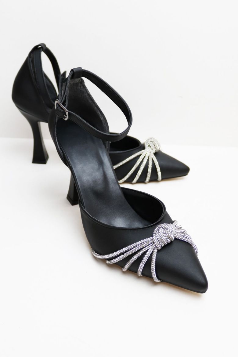 Bilekten Bağlı Taş Geçişli  Kadeh Topuk Stiletto  SİYAH resmi