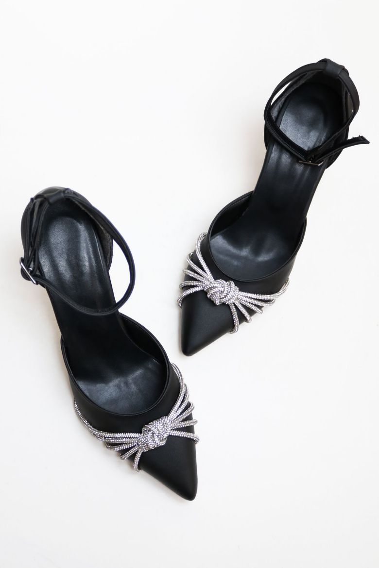 Bilekten Bağlı Taş Geçişli  Kadeh Topuk Stiletto  SİYAH resmi