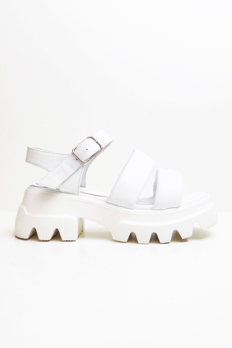 Kemer Detaylı Kalın Taban Hakiki Deri Çift Bantlı Sandalet  BEYAZ resmi