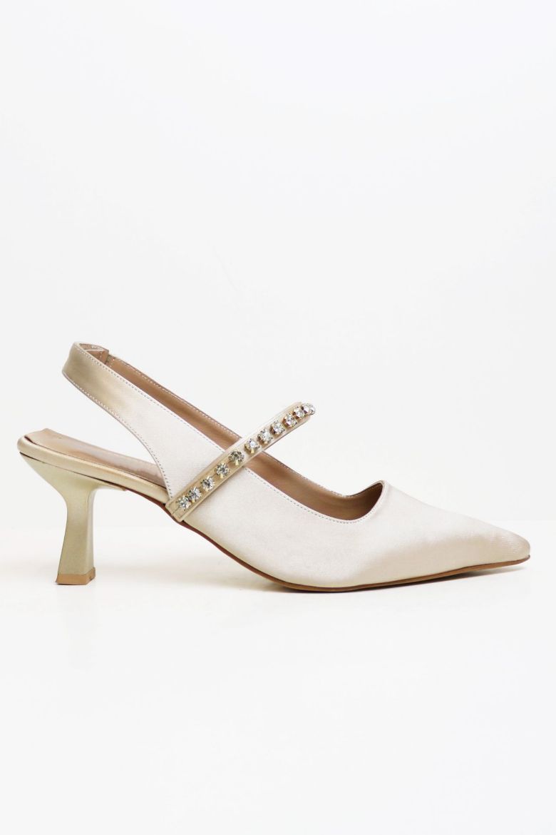 Taş Detaylı Sivri Burun Saten Arkası Açık Kadeh Topuk Stiletto  TEN  resmi
