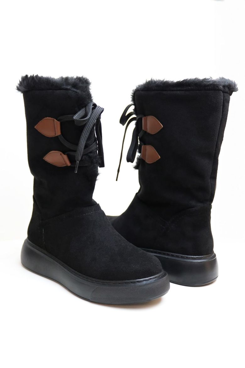 Bağcıklı Kürklü Bilek Üstü Kadın Bot  SİYAH SÜET resmi