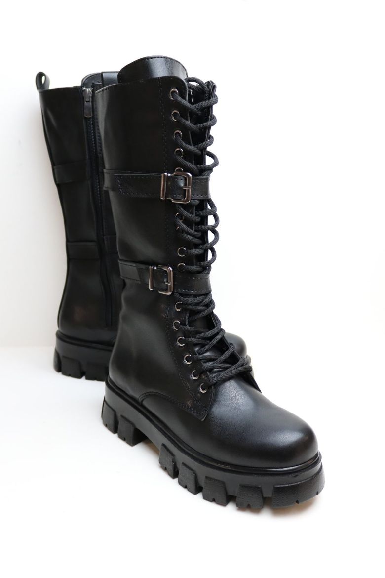 Kemer Detaylı Kalın Taban Bağcıklı Kadın Postal  SİYAH resmi