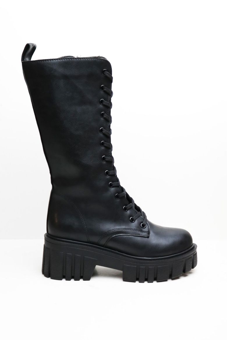 Bağcıklı Kalın Taban Diz Altı Kalın Topuklu Kadın Postal  SİYAH resmi