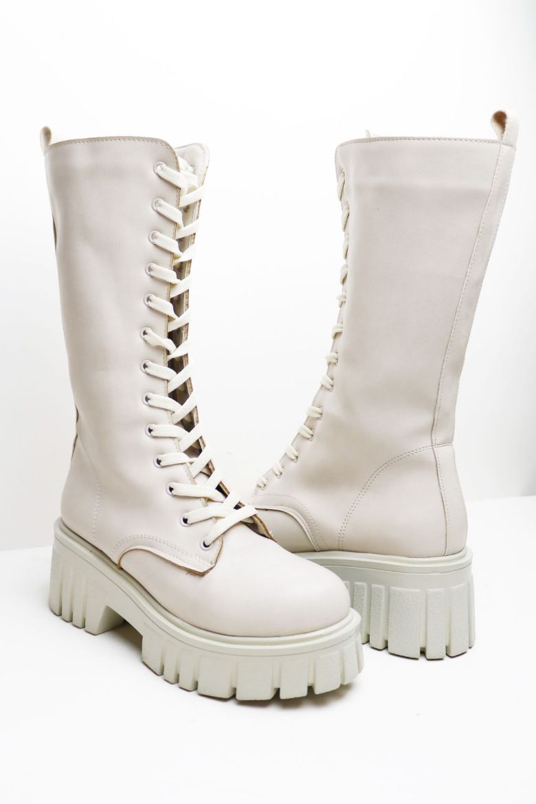 Bağcıklı Kalın Taban Diz Altı Kalın Topuklu Kadın Postal  BEJ resmi